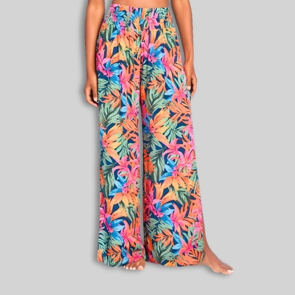 Shade & Shore Pants - Shade & Shore Wide Leg Pants Slit Smocked Waist Tropical Print Multicolor W XL